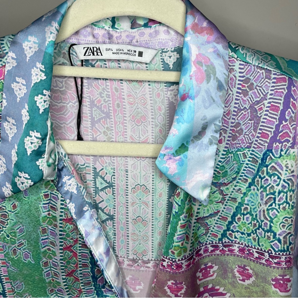 ZARA Patchwork Print Button Up Blouse Boho Long S… - image 2